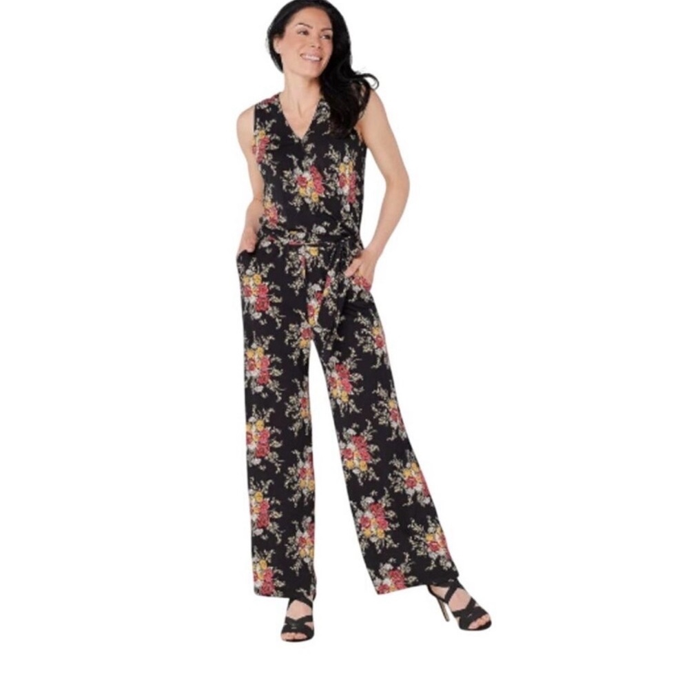 Laurie Felt Black Floral Jumpsuit Size LP